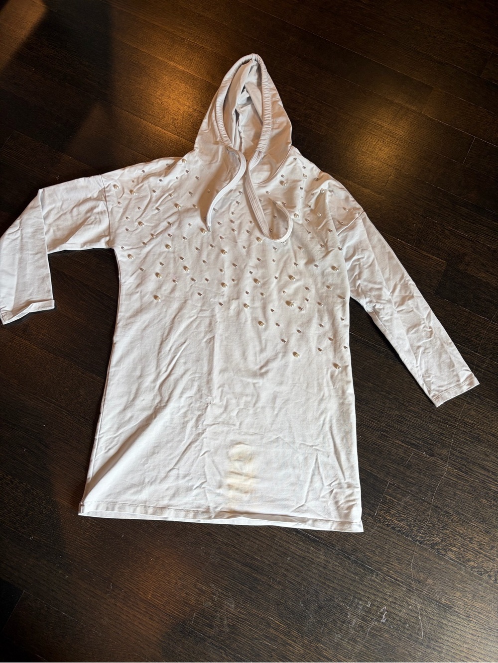 Kids White Hooded Long Sleeve Dress with Distressed Detail